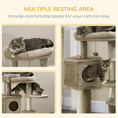 PawHut Cat Tree w/ Multiple Levels, Cat House, Bed and Toy Ball - Brown