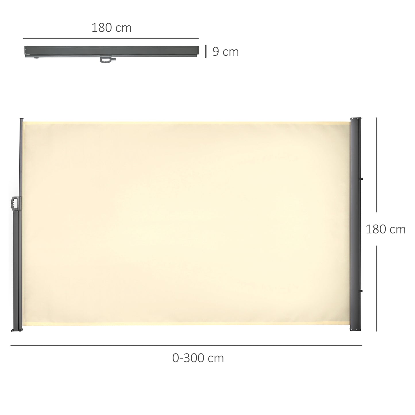 Outsunny Rozwijana markiza przeciwsłoneczna boczna Ekran ogrodzenia Patio Ogród Ściana Balkon Panel ekranowy Zewnętrzna roleta Prywatność Przegroda (3x1,8M, Kremowo-biały)