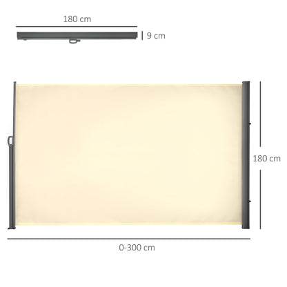 Outsunny Rozwijana markiza przeciwsłoneczna boczna Ekran ogrodzenia Patio Ogród Ściana Balkon Panel ekranowy Zewnętrzna roleta Prywatność Przegroda (3x1,8M, Kremowo-biały)