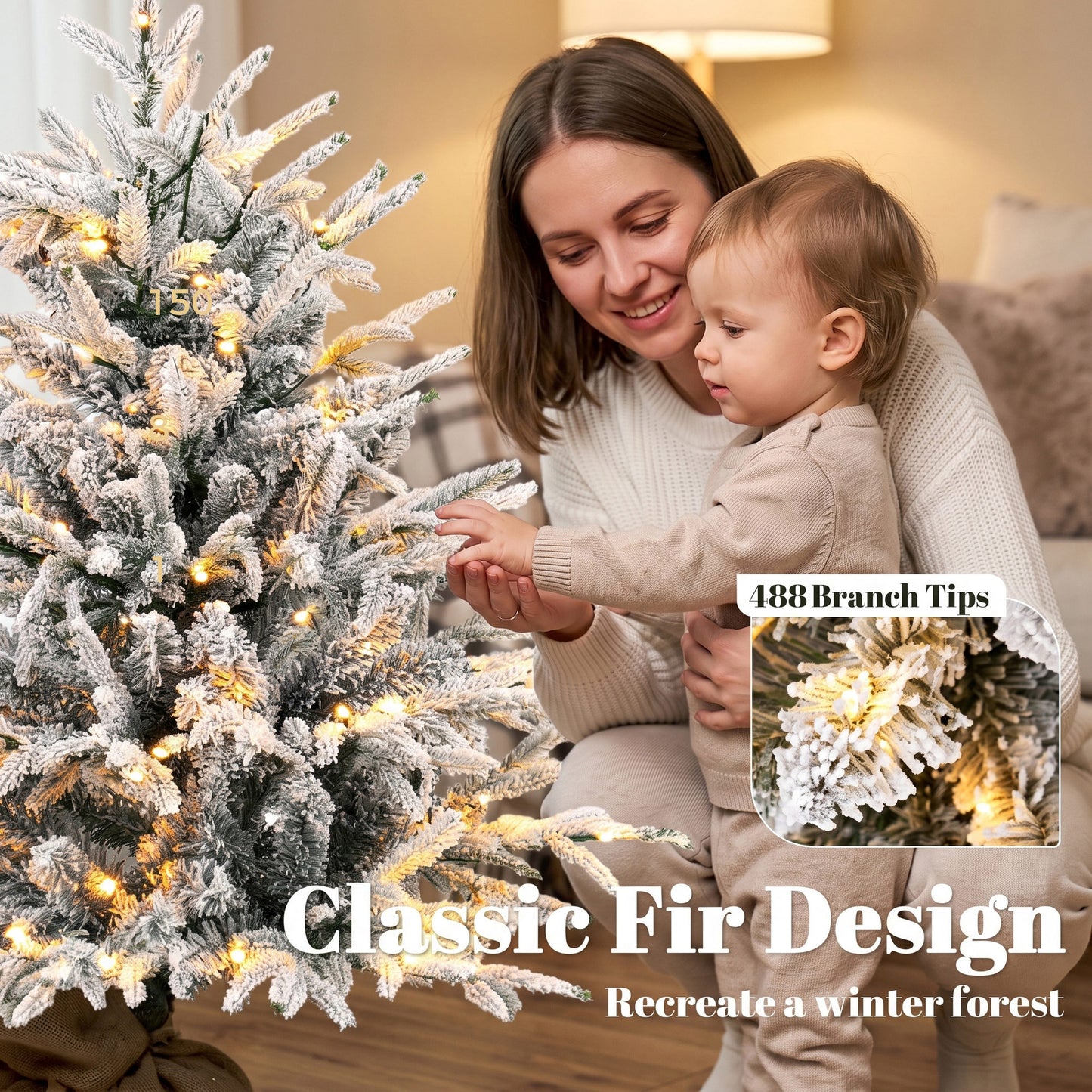 HOMCOM 90 cm Prelit Flocked Table Christmas Tree, Artificial Christmas Tree with 70 Warm White LED Lights, 488 Tips, Green