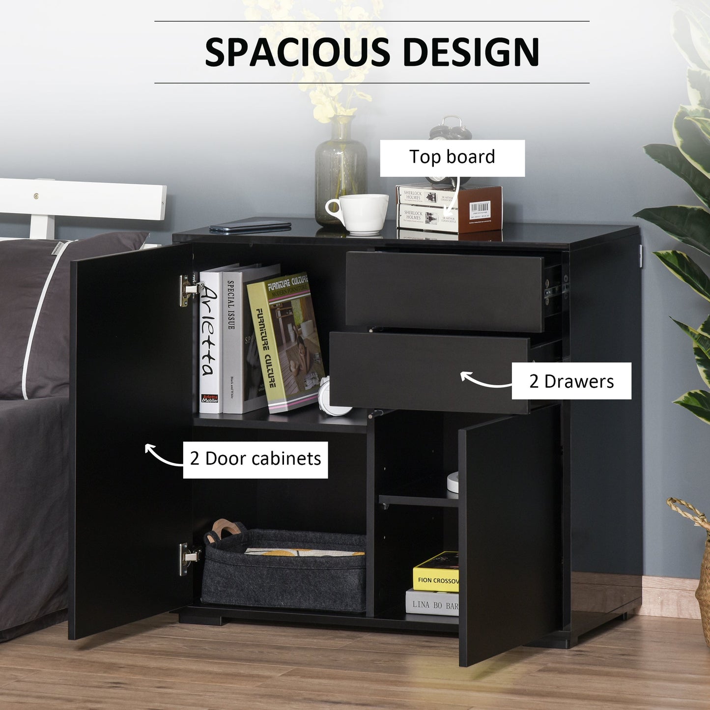 HOMCOM High Gloss Frame Sideboard, Side Cabinet, Push-Open Design with 2 Drawer for Living Room, Bedroom, Black