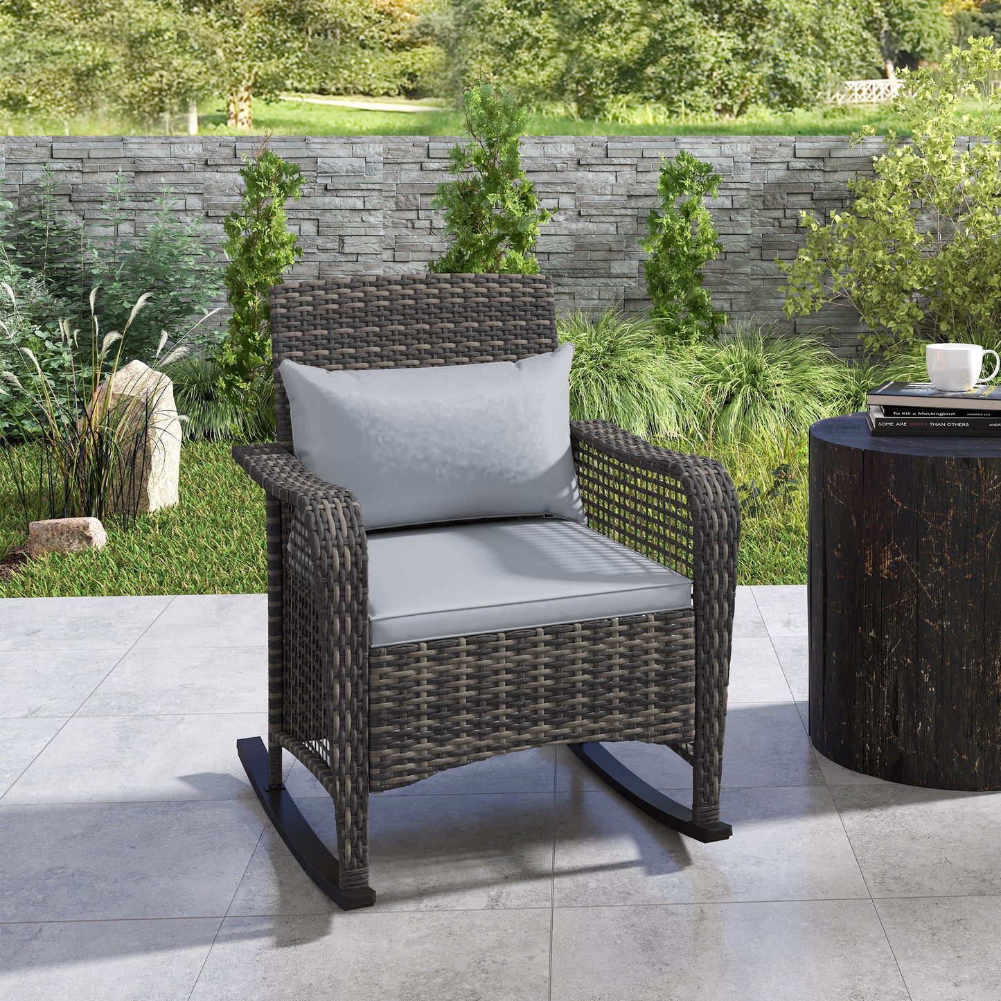 Fotel bujany Outsunny Rattan - jasnoszary
