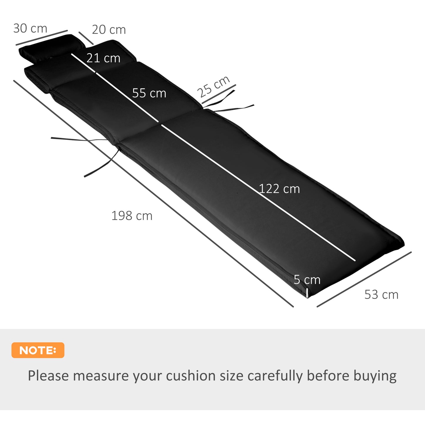 Outsunny Garden Sun Lounger Cushion Replacement Thick Sunbed Reclining Chair Relaxer Pad with Pillow - Black