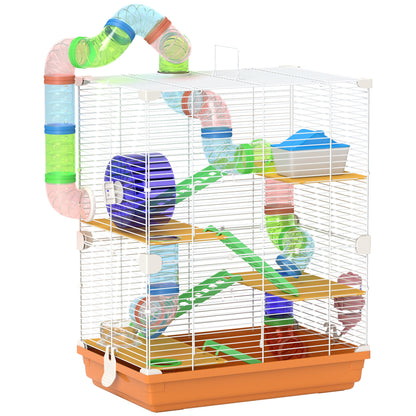 PawHut 5 Tier Hamster Cage Carrier Habitat w/ Exercise Wheels, Tunnel, Orange