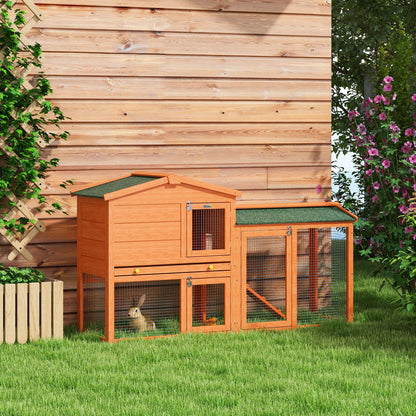 PawHut Two-Tier Rabbit Hutch with Run, Ramp, Slide-Out Tray, for Garden - Orange