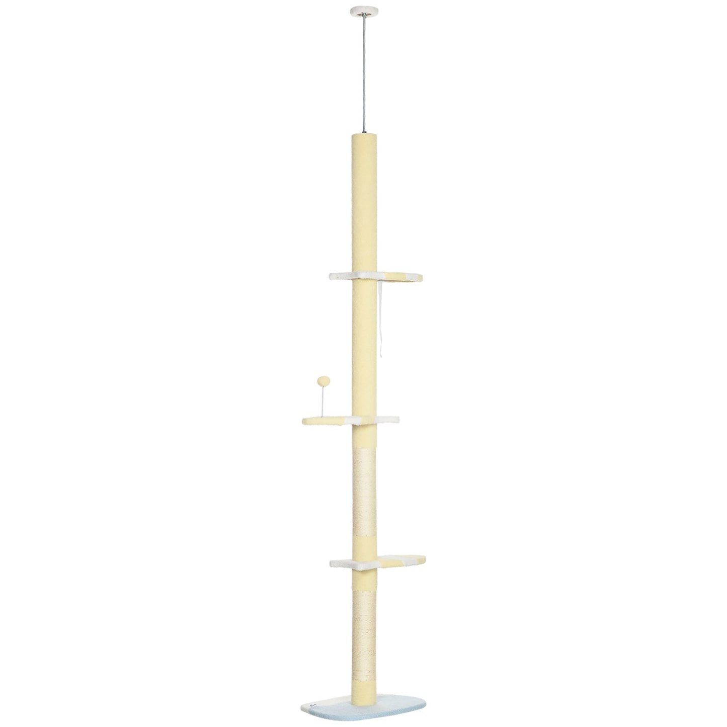 PawHut Cat Tower Cat Tree Cat Stand 260cm Floor to Ceiling, Height Adjustable with Anti-slip Kit and Scratching Post Ball Yellow