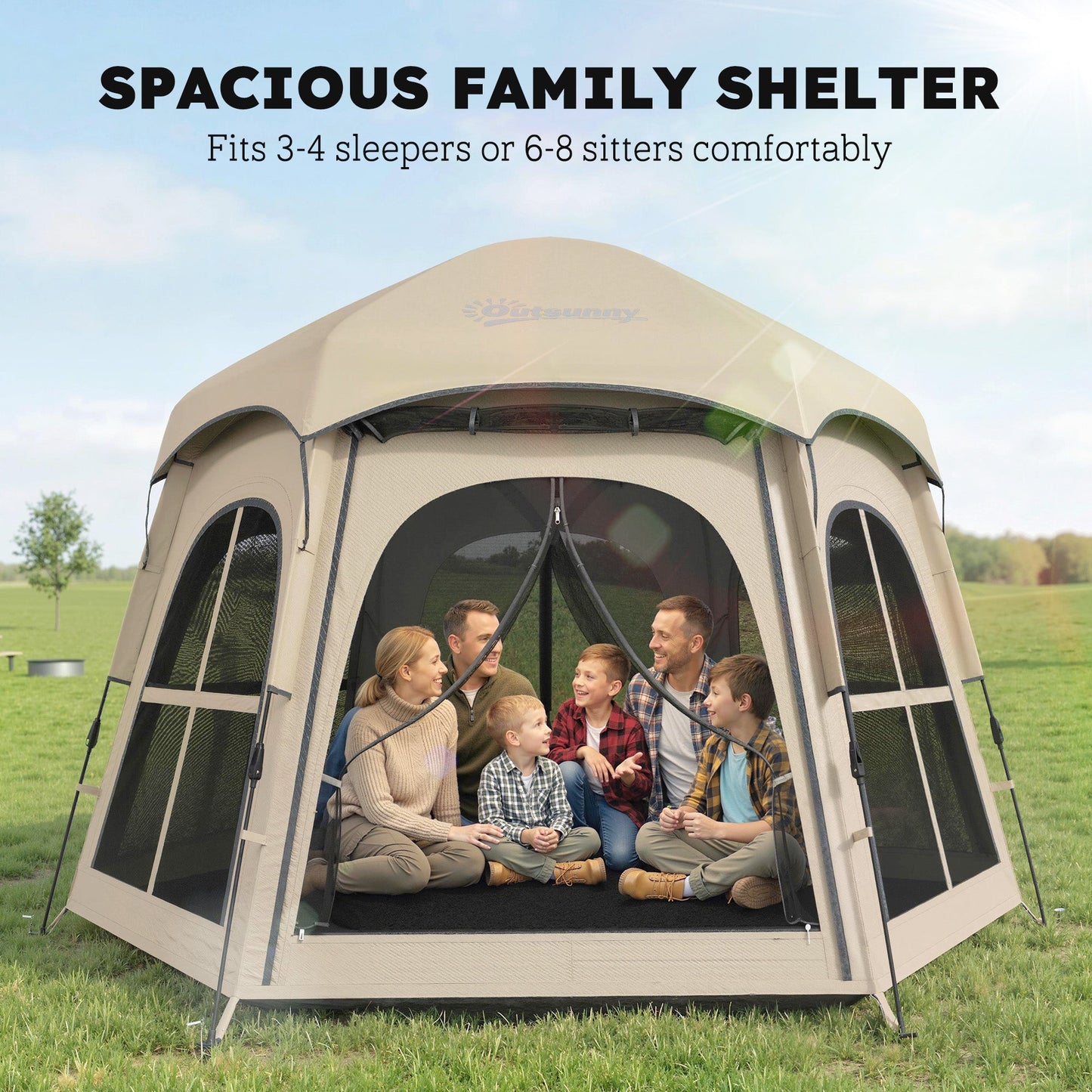 Outsunny Pop Up Tent 3000mm Waterproof Instant Camping Tent 3-4 Person with 2 Doors 4 Windows Khaki