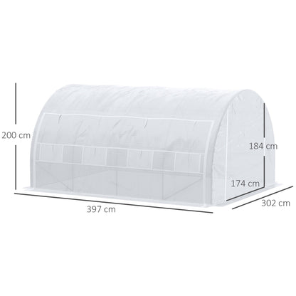 Outsunny 4 x 3 x 2 m Polytunnel Greenhouse with Steel Frame, Reinforced Cover, Zippered Door and 8 Windows for Garden and Backyard, White