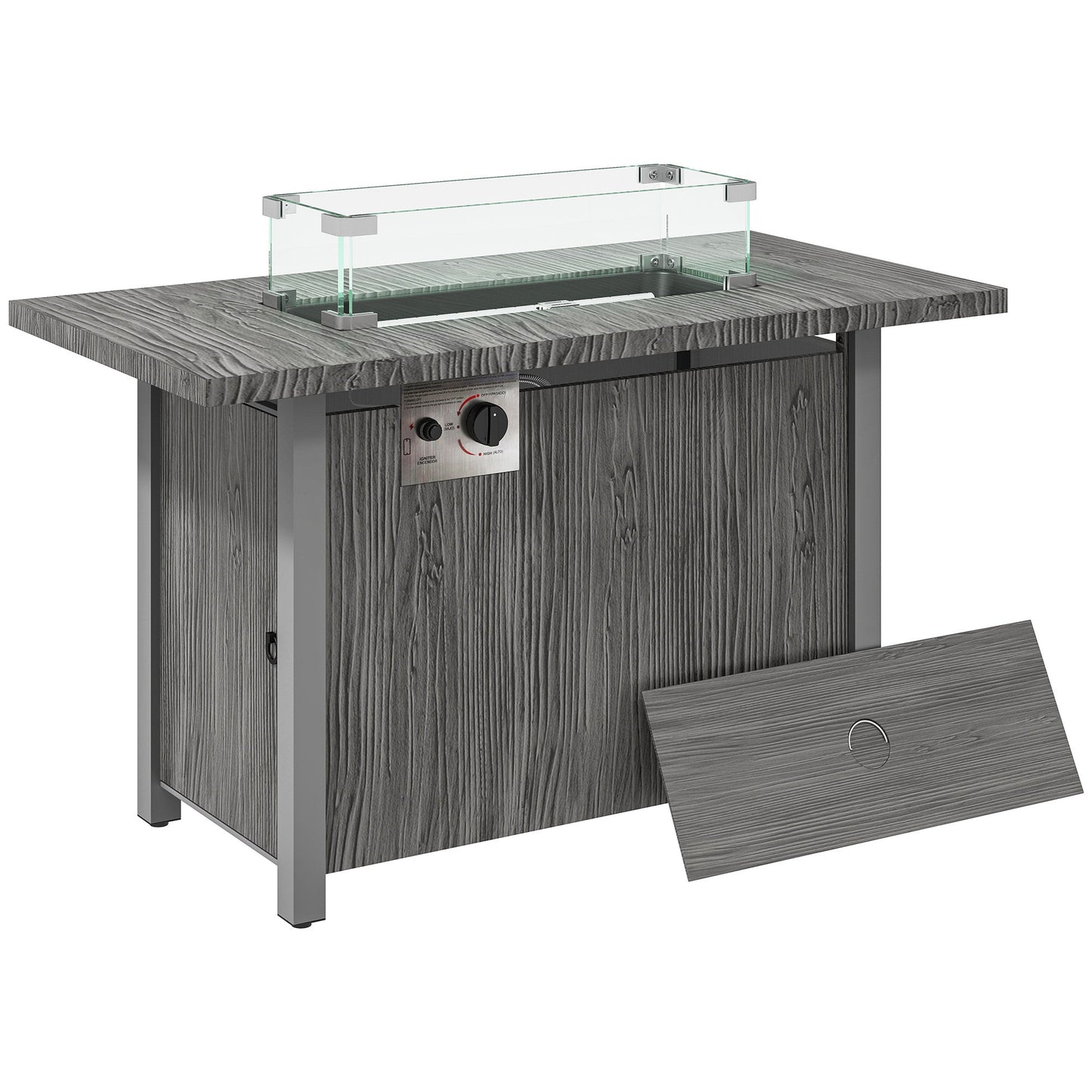 Outsunny 50,000 BTU Gas Fire Pit Table with Cover and Glass Screen - Dark Grey