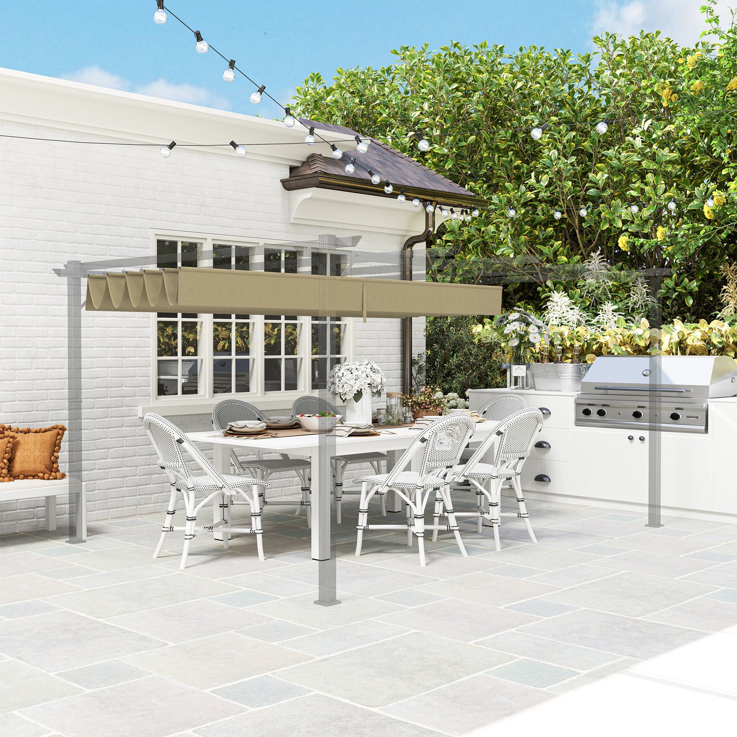 Osłona przeciwsłoneczna Outsunny Retractable Pergola Shade Cover, wymienna osłona do pergoli 4 x 3 (m), dach chowany, kolor brązowy