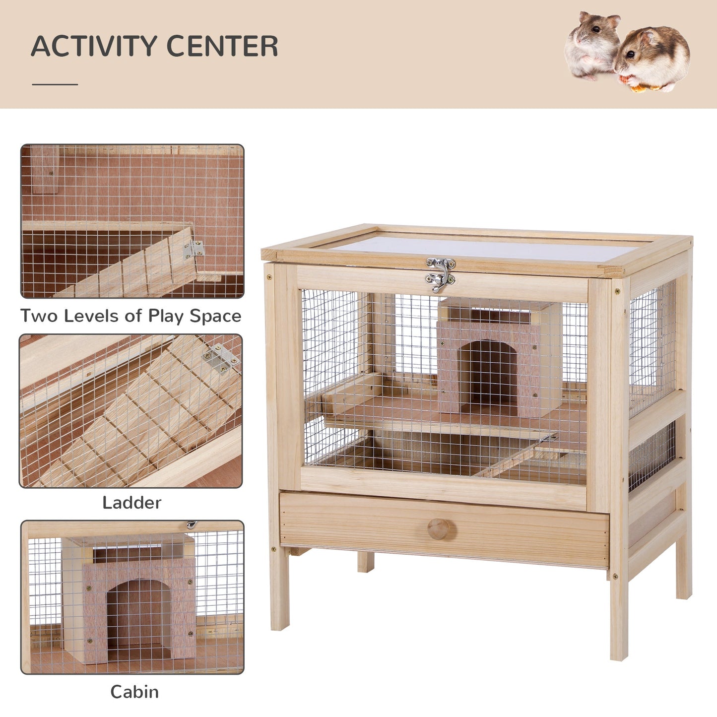 PawHut Hamster Cage Rodent Pet Small Animal Kit Large Wooden hut Box Double Layers Easy Clean 46 x 34 x 48 cm