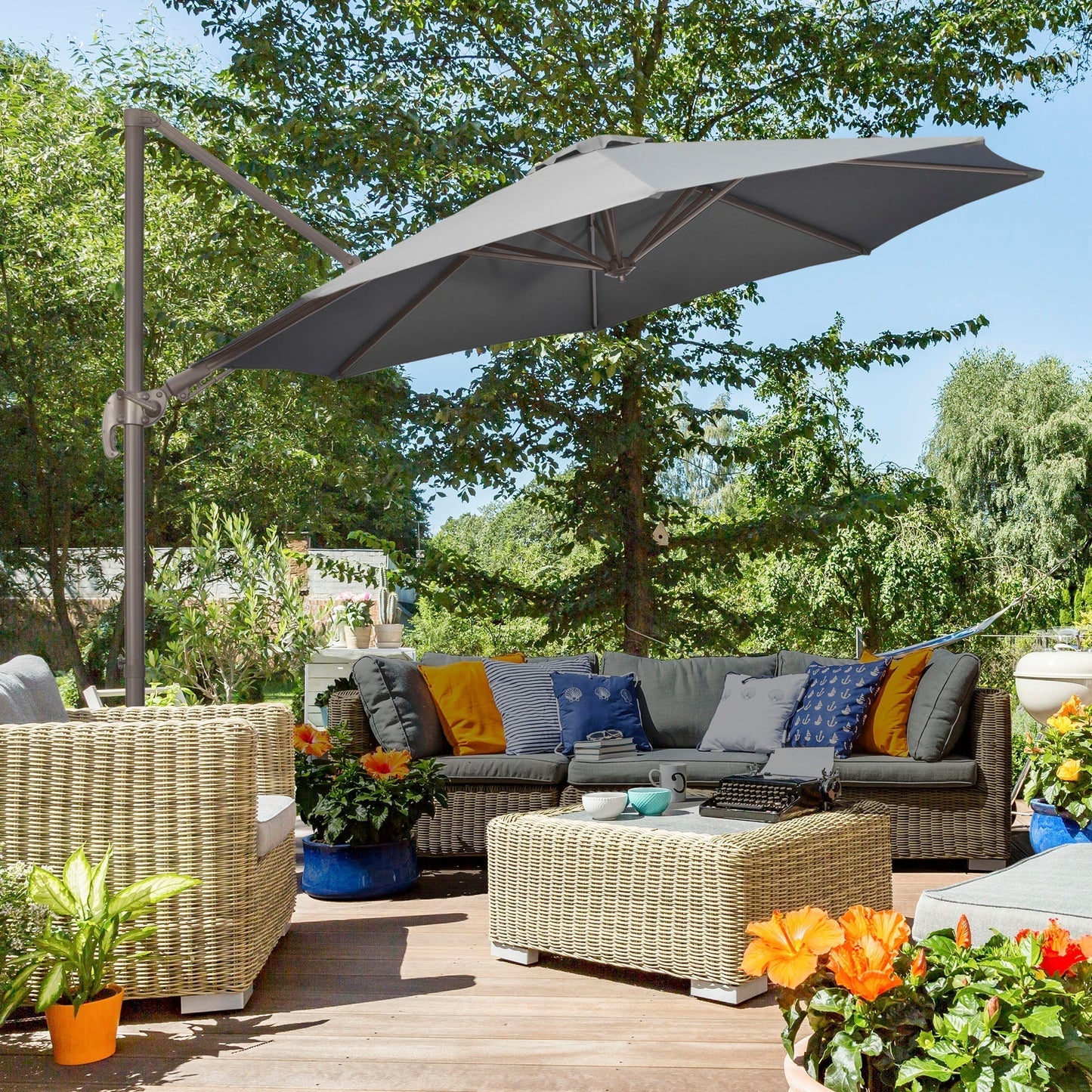Outsunny 3(m) Cantilever Parasol 360 Rotation Roma Umbrella Hanging Sun Shade with Aluminium Frame, Tilt Crank, 8 Ribs and Cross Base, Dark Grey