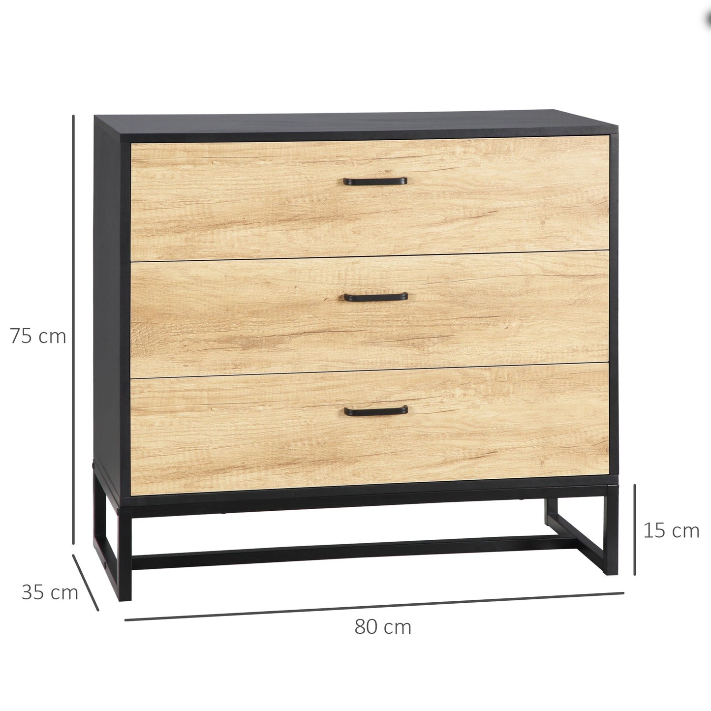 3 Drawer Chest Storage Cabinet Organiser with Steel Frame for Bedroom, Living Room, 80cmx35cmx75cm, Natural