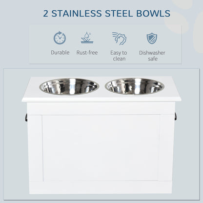 PawHut Raised Dog Bowls, with Storage, Two Stainless Steel Bowls, Elevated Base - White