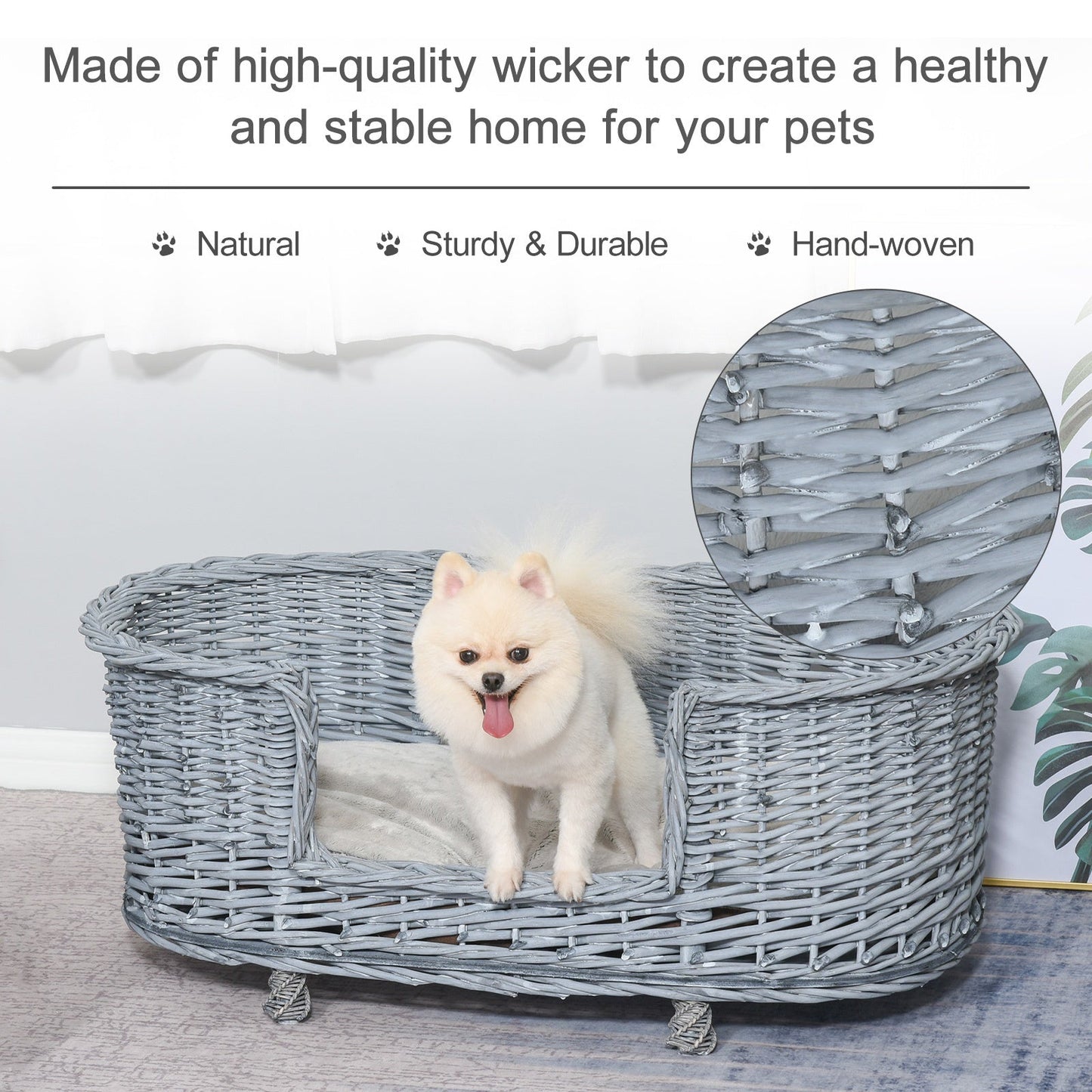 PawHut Wicker Dog Bed Basket Pet Sofa Cat Lounge Furniture with Elevated Base Soft Padded Cushion Grey 92cm X 52cm X 38cm Wiker w/