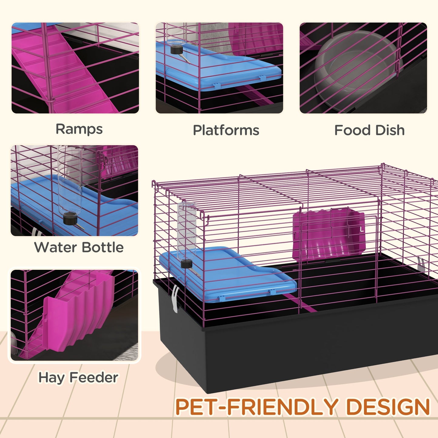 PawHut Chinchillas Small Rabbit Guinea Pig Small Animal Cage, Pet Playhouse, with Platform, Ramp, 71 x 46 x 47cm