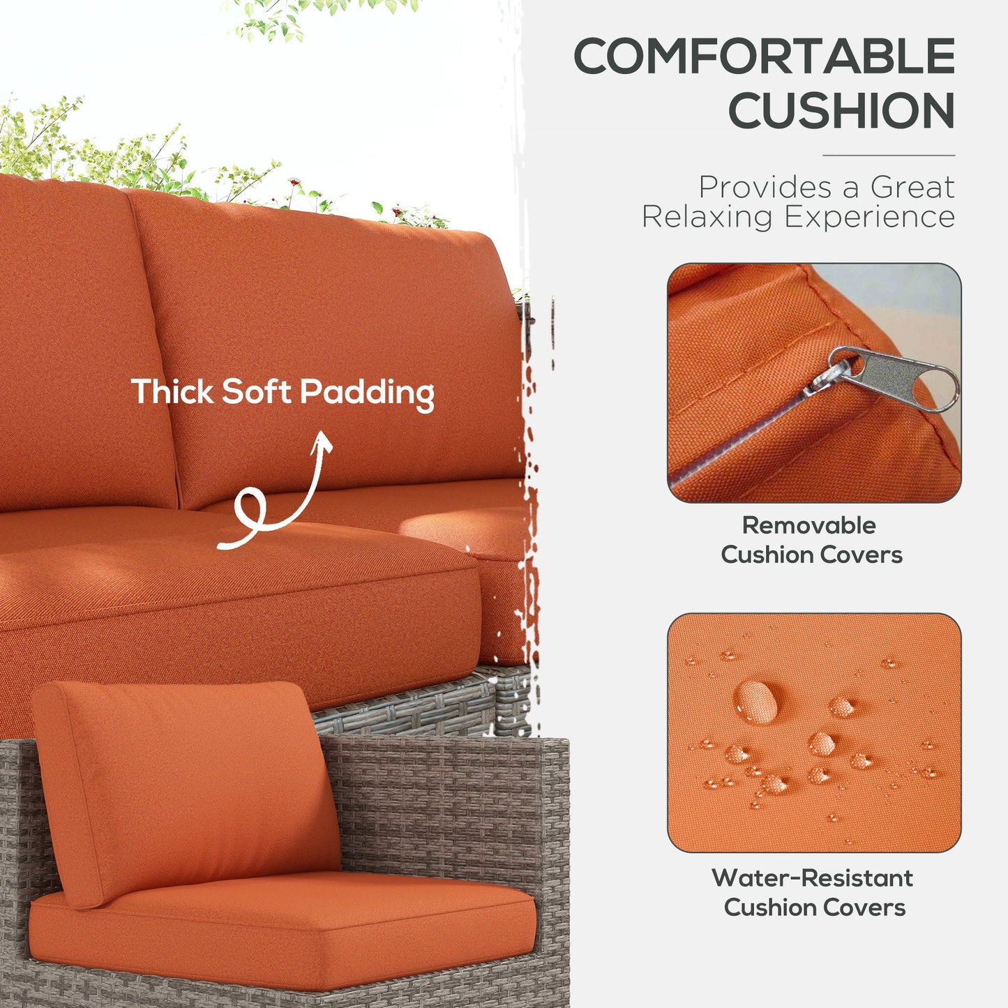 Outsunny Eight-Piece Rattan Garden Set, with Contrast Cushions - Orange/Grey