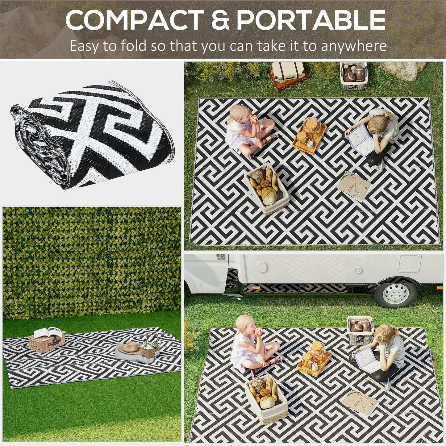 Outsunny 152 x 243 cm(5x 8ft) Outdoor Rug Reversible Mat Plastic Straw Rug Portable RV Camping Mat for Garden Deck Picnic Indoor, Black & White