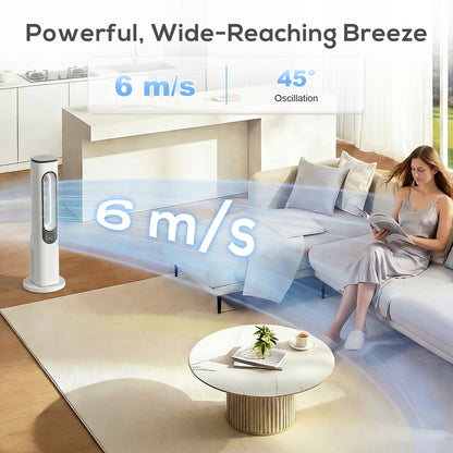 HOMCOM Bladeless Tower Fan for Bedroom, 35dB Standing Cooling Fan with Oscillating, LED Lights, 3 Speeds, 15H Timer, White
