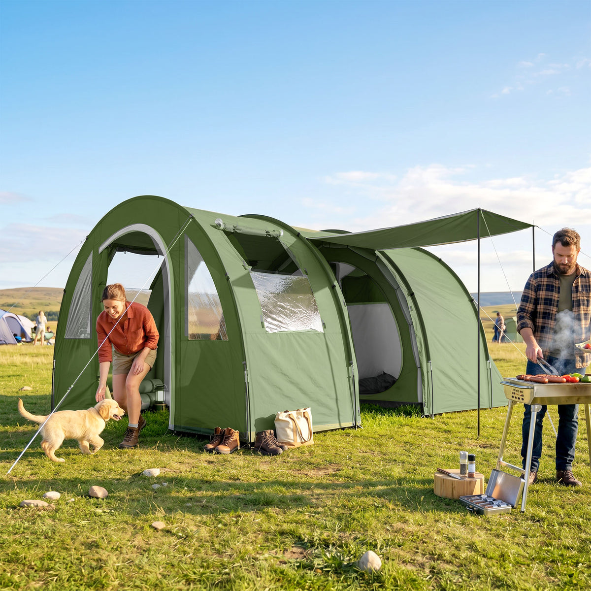 Outsunny 4 Man Camping Tent with 2 Room, Floor and Carry Bag - Green