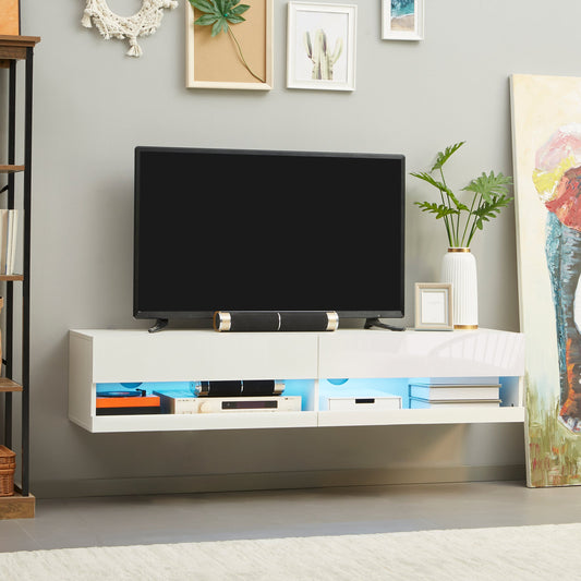 HOMCOM Wisząca szafka pod telewizor, montowana na ścianie szafka pod telewizor do 65", wysoki połysk, szafka ścienna pod telewizor z oświetleniem LED, półki do przechowywania w salonie i pokoju rozrywkowym, biała