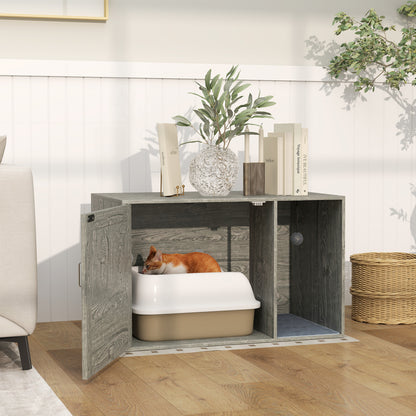PawHut Cat Litter Box Enclosure z drzwiami rattanowymi, matą do drapania, piłką do zabawy, antypoślizgowymi podkładkami pod stopy, szary