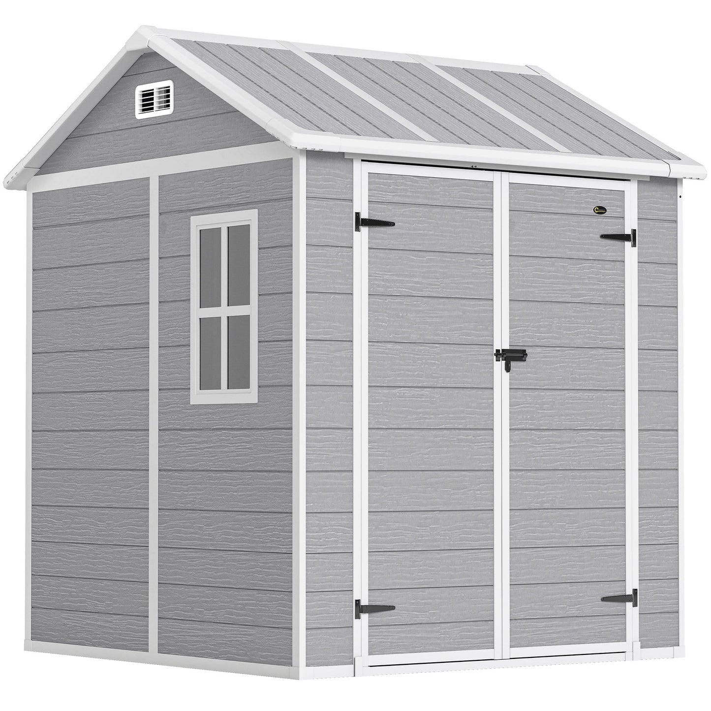 Outsunny 6 x 6ft Garden Shed with Floor, Window, Lockable Doors and Vents, Wood Effect Resin Tool Shed for Outdoor Patio, Grey