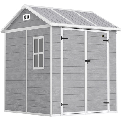 Outsunny 6 x 6ft Garden Shed with Floor, Window, Lockable Doors and Vents, Wood Effect Resin Tool Shed for Outdoor Patio, Grey
