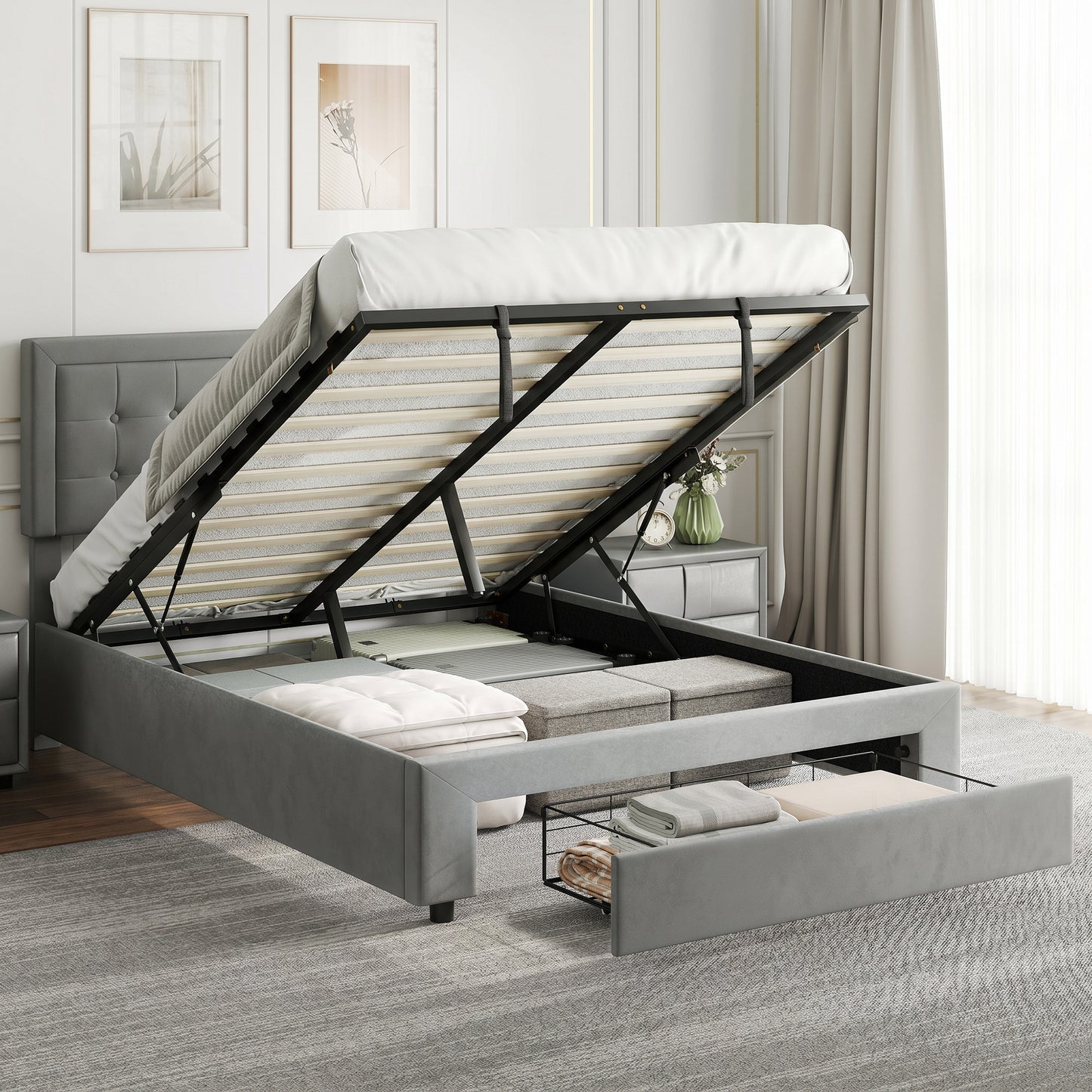 HOMCOM King Size Ottoman Bed Frame, with Front Drawer - Grey