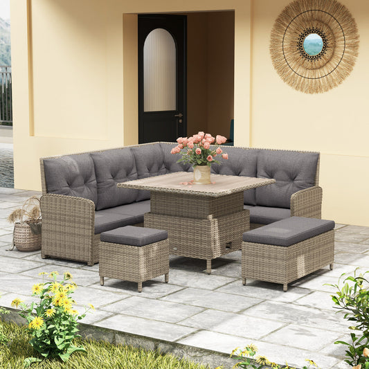 Outsunny 6-częściowy zestaw mebli ogrodowych z rattanu PE, narożna sofa na patio z wikliny z miękką wyściółką i podnoszonym stolikiem kawowym, jasnoszary