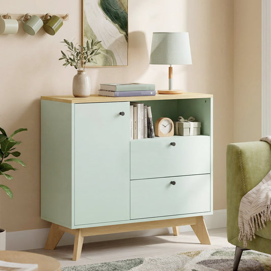 HOMCOM Sideboard Storage Cabinet, 80 cm Buffet Cabinet with 2 Drawers, Open Compartment, Adjustable Shelf, Light Green and Oak