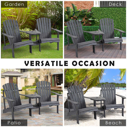 Outsunny Drewniane Podwójne Krzesła Adirondack Zewnętrzne Sofa Dwuosobowa ze Stolikiem Centralnym i Otworem na Parasol, Meble Ogrodowe Patio do Wypoczynku i Relaksu, Ciemnoszary