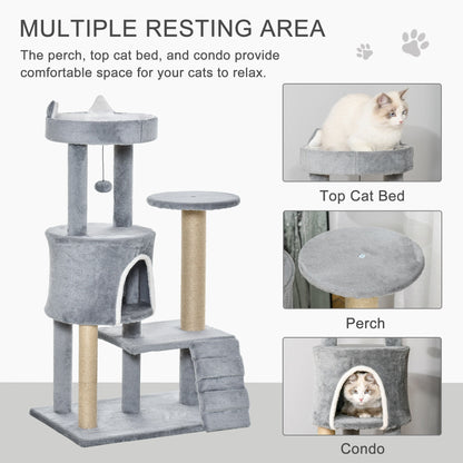 PawHut 100cm Cat Tree Tower Condo Multi Platform Kitty Cat Center مع سلم تسلق وخدش عمود لعبة معلق، رمادي فاتح