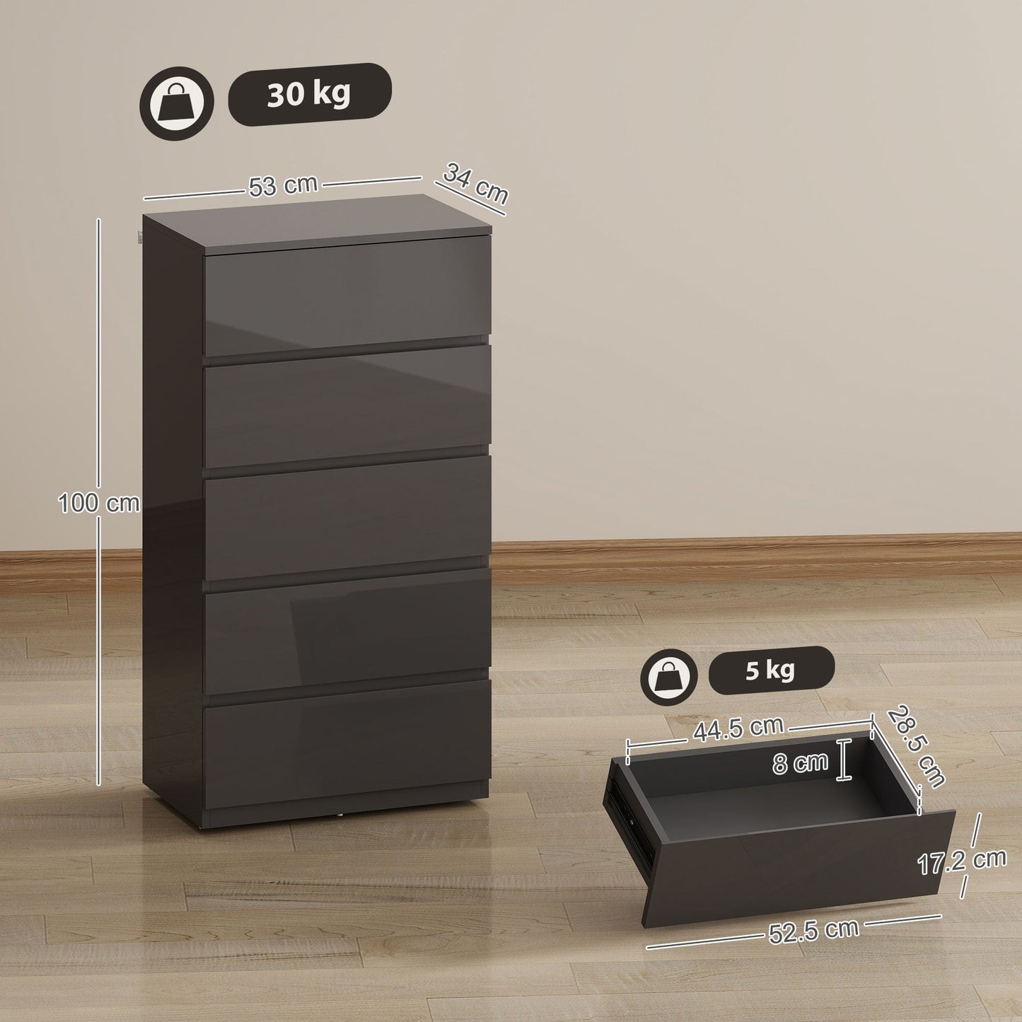 HOMCOM Chest of Drawers, 5-Drawer Storage Cabinets, Modern Dresser, Storage Drawer Unit for Bedroom