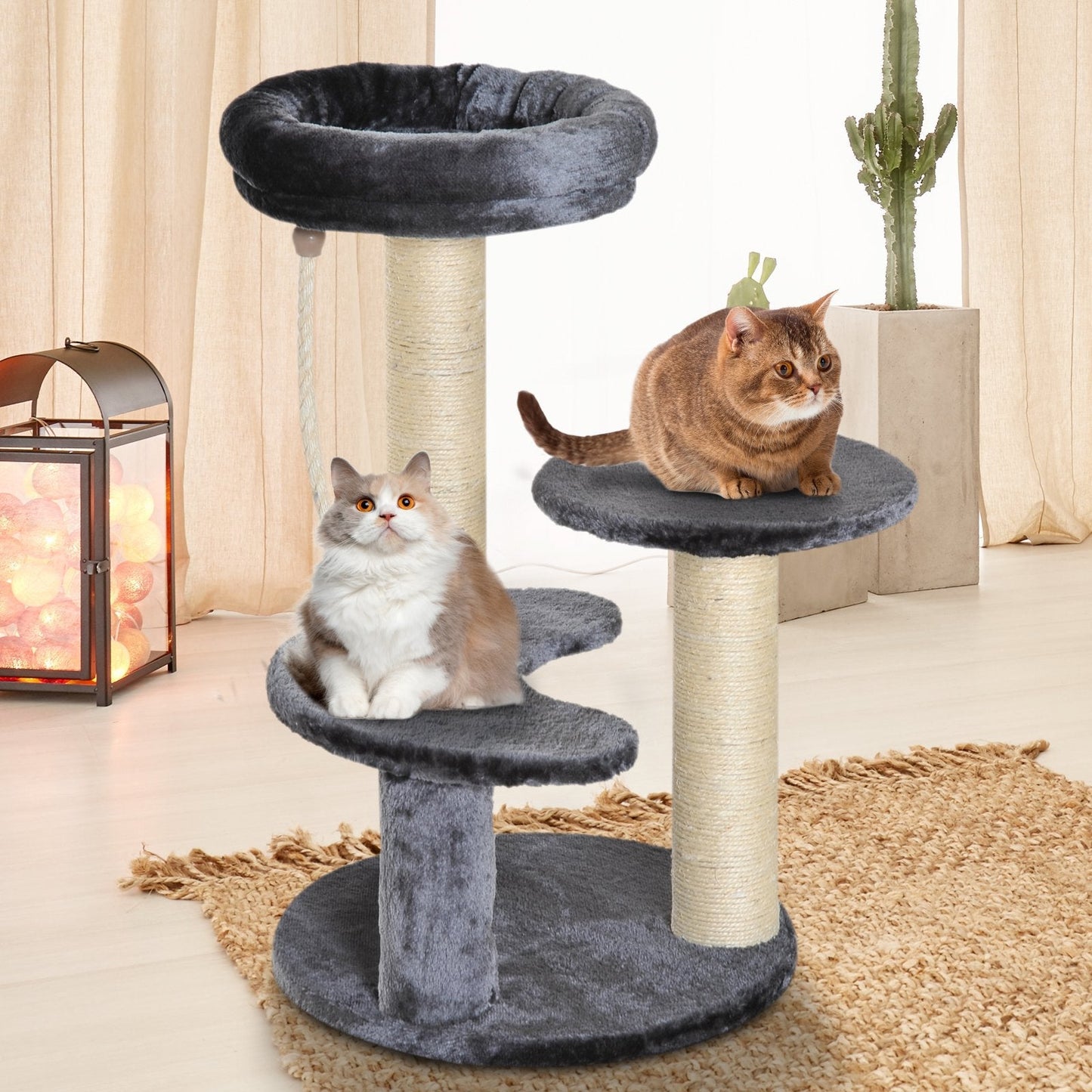 Pawhut 65 cm Cat Tree Kitty Scratcher Kitten Activity Center Scratching Post Playhouse 2 Perch w/Hanging Sisal Rope Grey