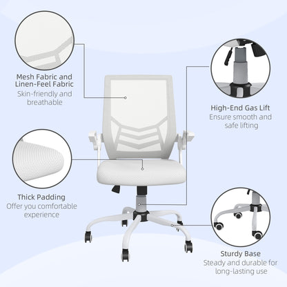 Vinsetto Mesh Office Chair, Computer Desk Chair with Flip-up Armrests, Lumbar Back Support and Swivel Wheels, White