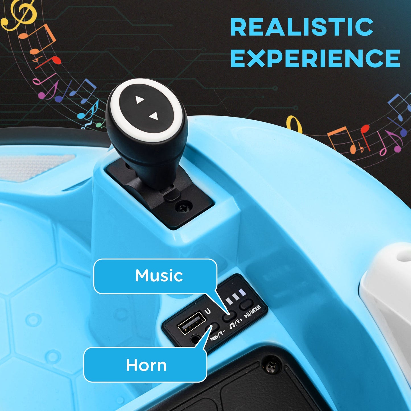 AIYAPLAY 360 Rotation Kids Bumper Car, 12V Waltz Car with Remote Control, Dual Joystick, Music, Lights, Light Blue