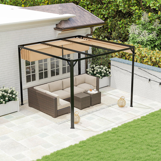 Pergola aluminiowa Outsunny 3 x 3 m z rozsuwanym dachem i ścianą w kolorze khaki