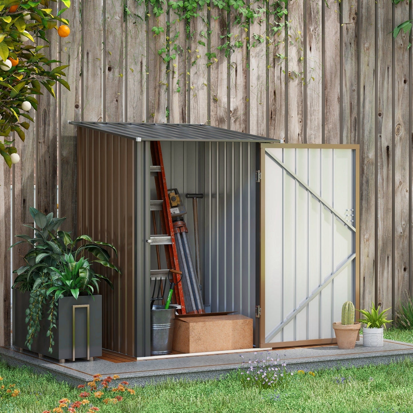 Outsunny 3.3ft x 3.4ft Lean to Garden Shed, Metal Outdoor Storage Shed with Single Lockable Door, Tool Storage Shed for Garden, Patio, Lawn, Brown