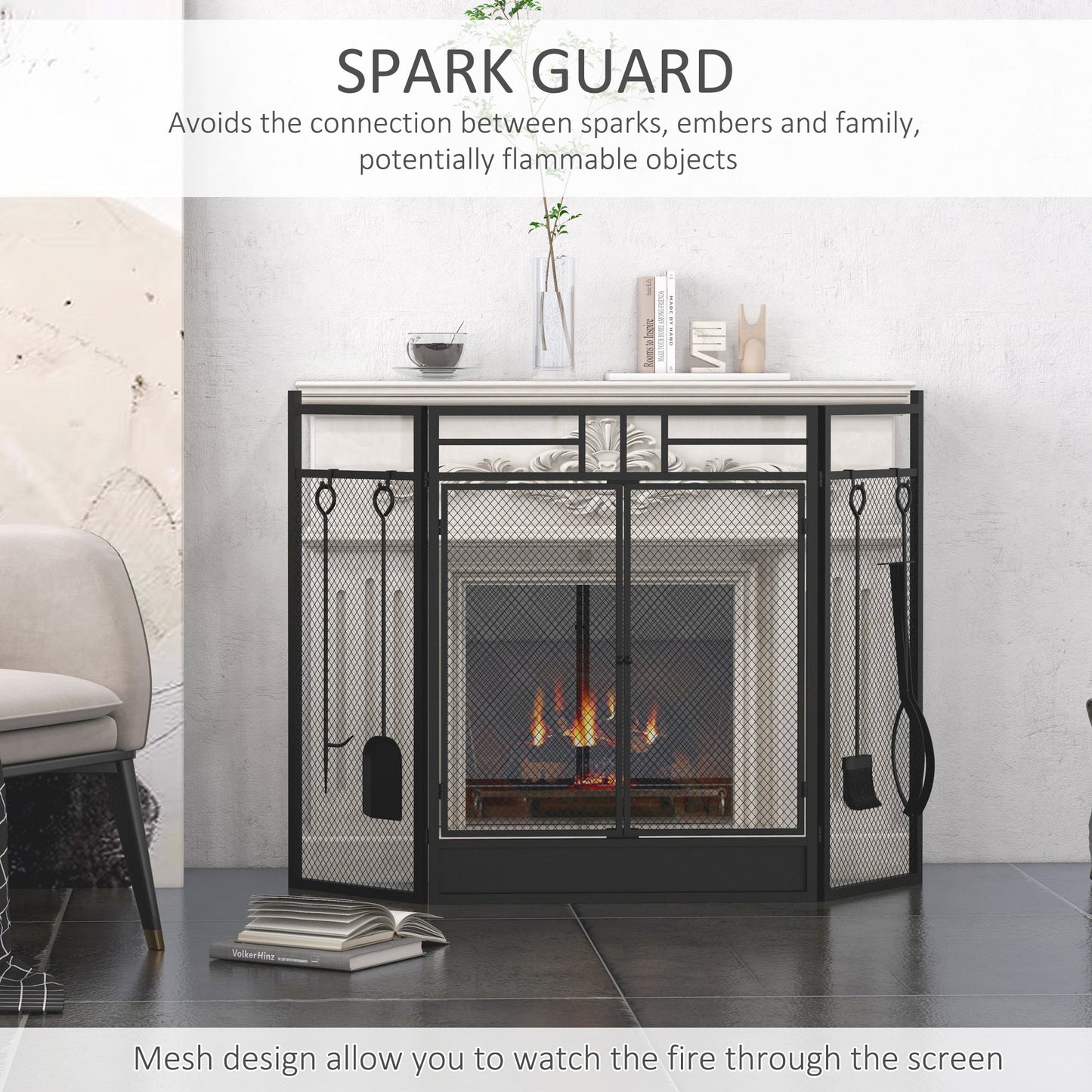 HOMCOM 3 Panel Folding Fireplace Screen with 4 Tools Set, Steel Mesh Spark Guard with Double Door for Open Fire, Log Burner, 122W x 80H cm, Black