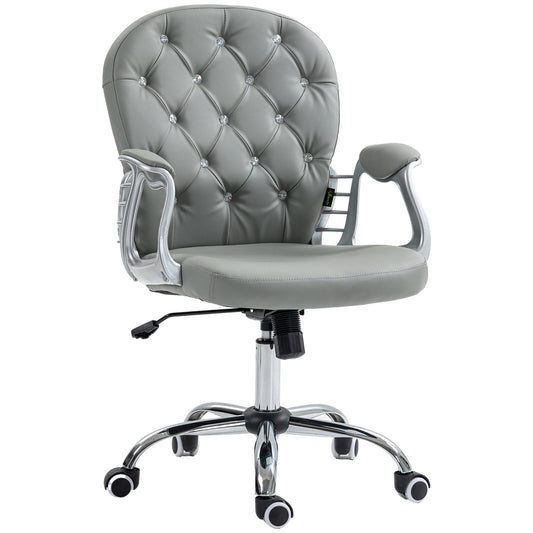 Krzesło biurowe Vinsetto, ergonomiczne, obrotowe, 360°, z wyściełaną podstawą z PU i diamentami, z 5 kółkami, do pracy w domu, szare