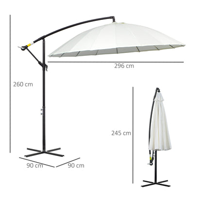 مظلة شمسية من Outsunny 3(m) Cantilever Shanghai Parasol Garden معلقة على شكل الموز مع مقبض كرنك، 18 ضلعًا قويًا وقاعدة متقاطعة، أبيض فاتح