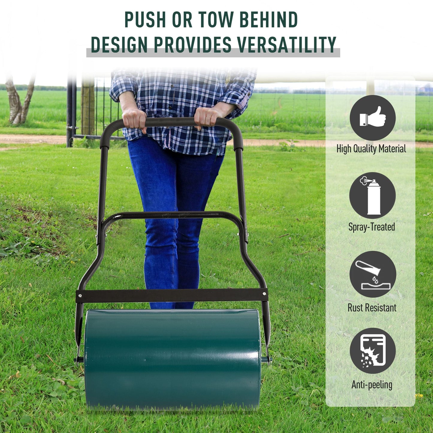 Outsunny 40L Lawn Roller Drum Scraper Bar Collapsible Handle Water or Sand Filled _32cm Green