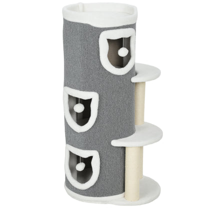 PawHut 101 cm Cat Tree with Sisal Scratching Posts, 3 Barrel Condos, 3 Platforms, for Indoor Cats to Rest and Play