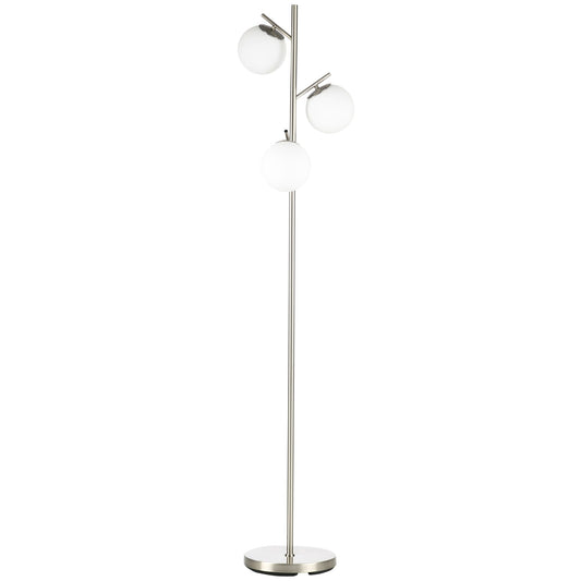 HOMCOM 3-Light Tree Floor Lamps for Living Room, Modern Standing Lamp for Bedroom with Globe Lampshade, Steel Base, Bulb not Included, Silver Tone