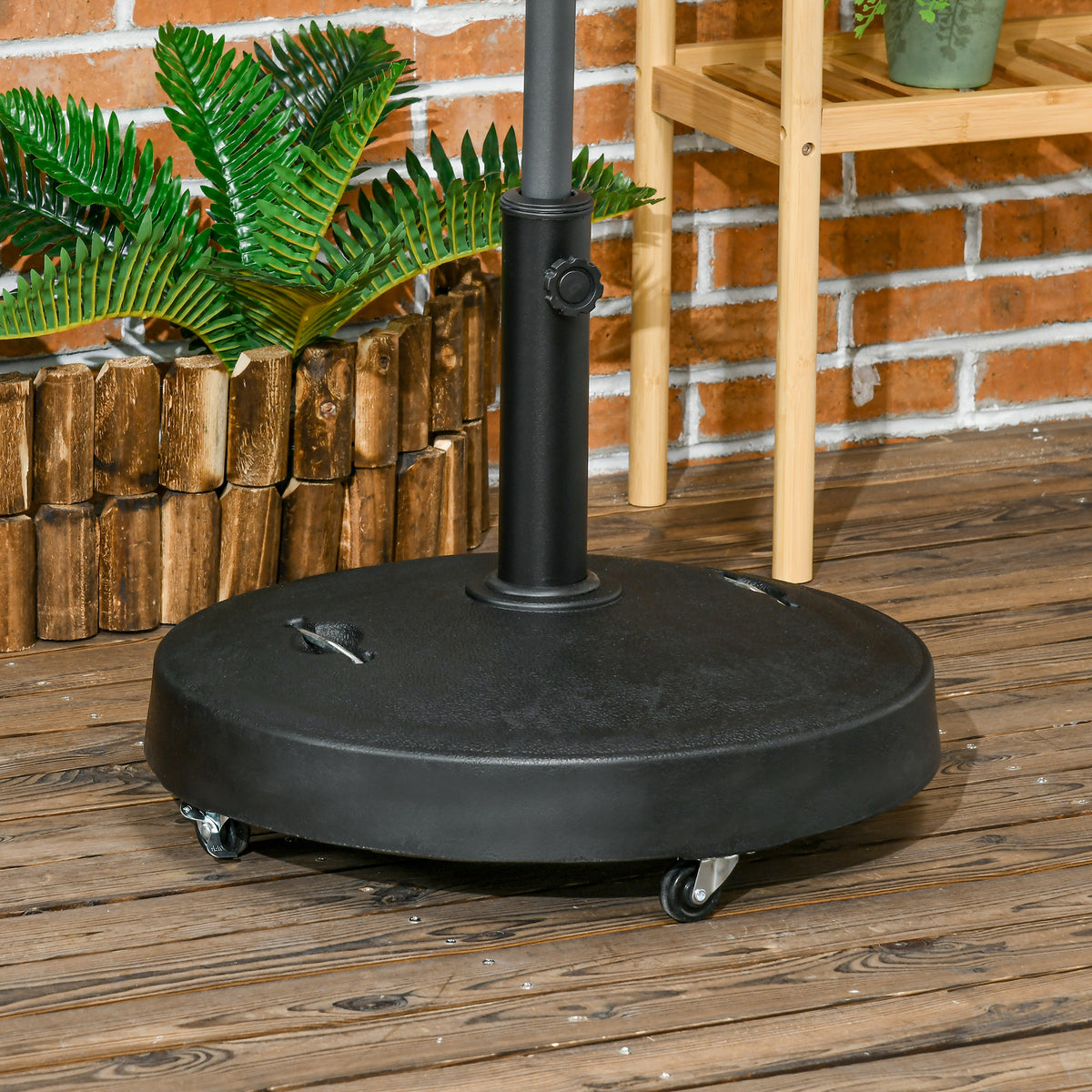 Outsunny 25kg Resin Garden Parasol Base with Wheels and Retractable Handles, Round Outdoor Market Umbrella Stand Weight for Poles of Φ38mm to Φ48mm, Black