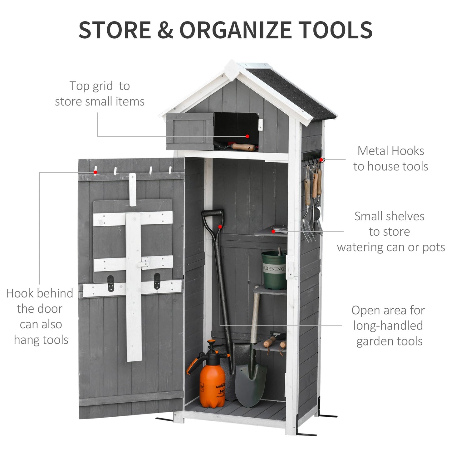 Outsunny Wooden Garden Storage Shed Multifunction Lockable Tool Cabinet Organizer w/ Workstation, 182 x 78 x 52.5 cm, Grey