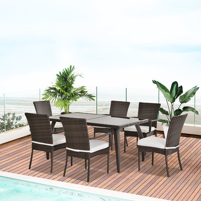 Outsunny 6-Seater Rattan Dining Set | 6 Wicker Weave Chairs & Tempered Glass Top Dining Table 6 Seater Outdoor Backyard Garden Furniture, Brown