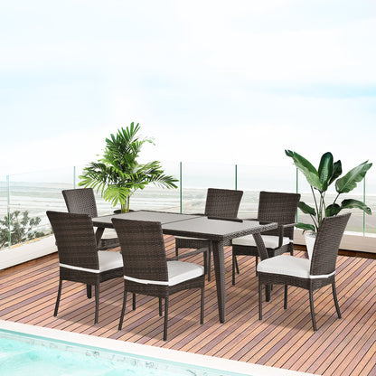 Outsunny 6 Seater Rattan Dining Set with Cushions, Rattan Garden Furniture Set, Outdoor Dining Table and Chairs with 6 Stackable Armchairs, Rectangular Glass Top Table for Patio, Balcony, Brown