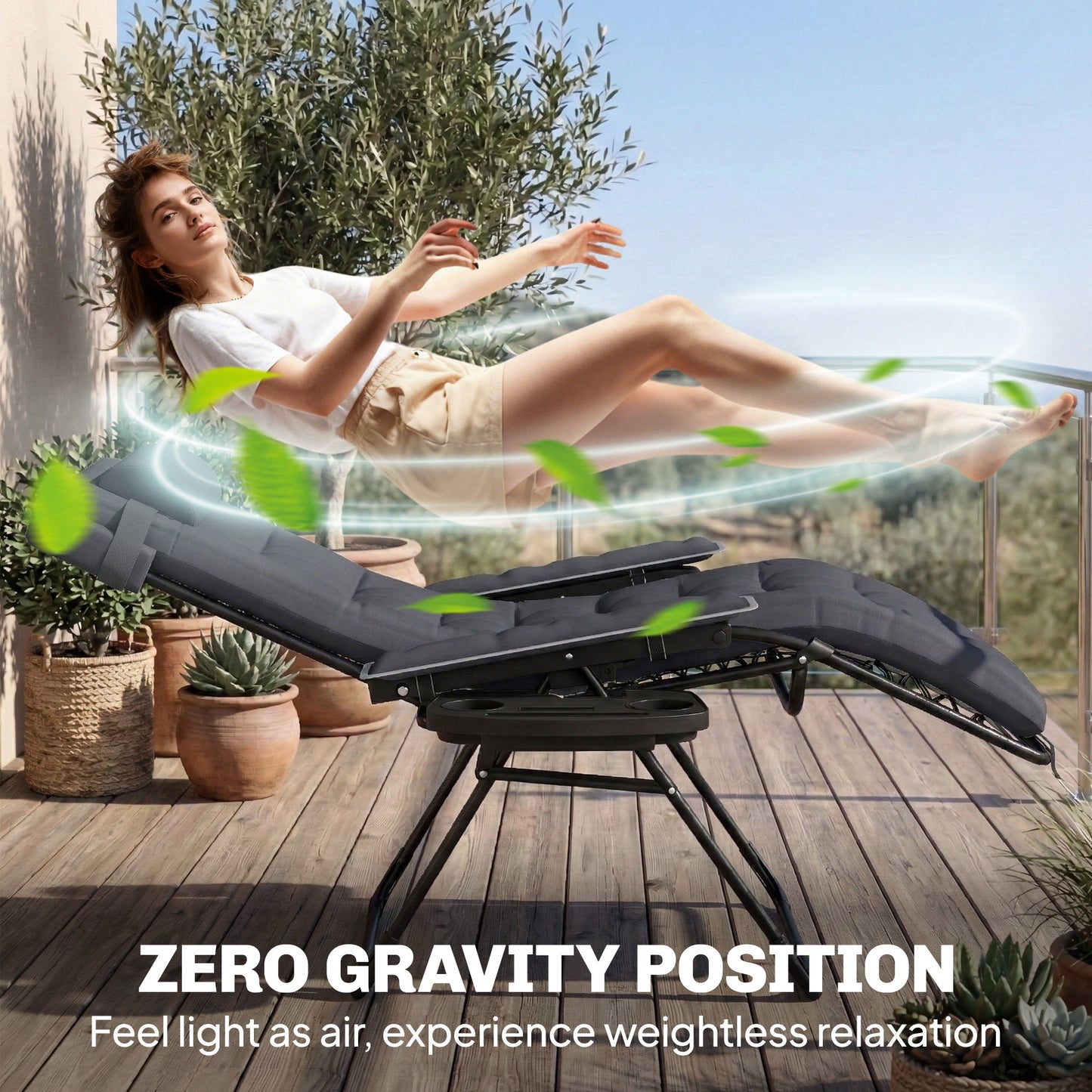 Outsunny Zero Gravity Chair, Folding Sun Lounger Reclining Garden Chair with Arm Pads, Cushion, Cup Holder, Headrest, Dark Grey
